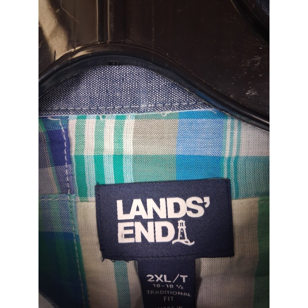 Lands End Mens Shirt 2XLT Blue Multi Patchwork Plaid Coastal Resort 100% Cotton - Picture 3 of 8